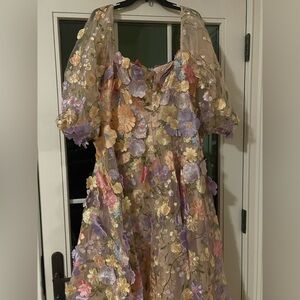 Floral Embroidered Midi Dress in Beige with Pastel Appliqués